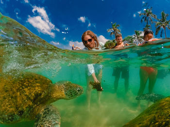 People by turtles in sea against sky