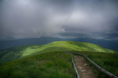 Scenic view of green landscape against sky