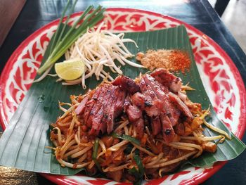 High angle view of meal served on table