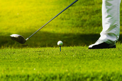 Low section of man playing golf on grass