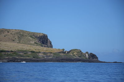 Scenic view of sea against clear blue sky