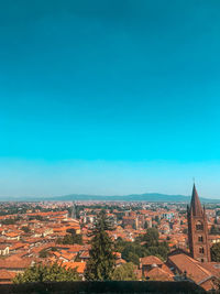 High angle view of townscape against clear blue sky
