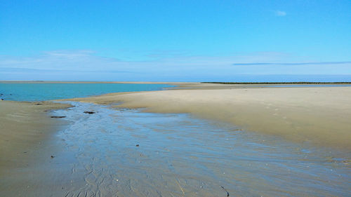 Scenic view of beach against blue sky