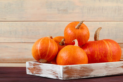 Close-up of pumpkins on table