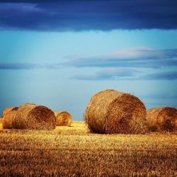 Hay bales on field against sky