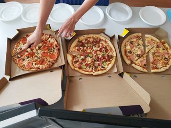 High angle view of pizza on table
