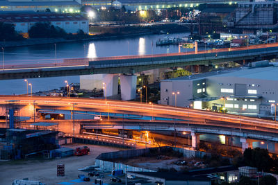 High angle view of elevated road at night