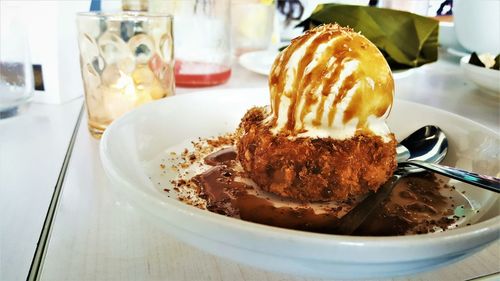 Close-up of dessert in plate on table