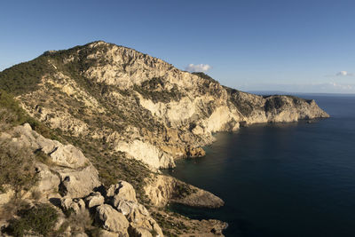 Scenic view of rocks by sea against clear sky