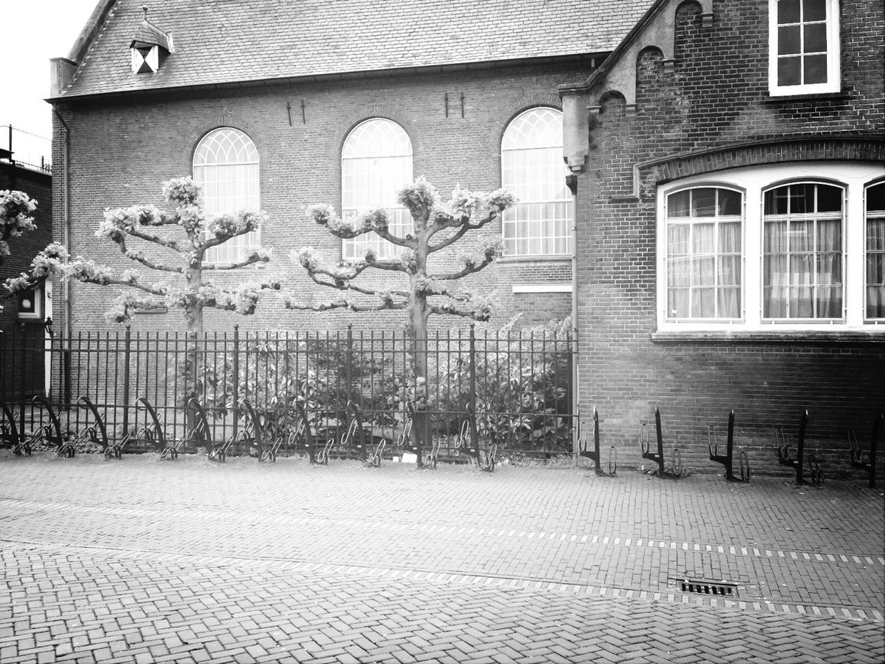 building exterior, architecture, built structure, window, building, residential building, house, residential structure, street, wall - building feature, city, cobblestone, day, brick wall, bicycle, outdoors, no people, sunlight, shadow, street light