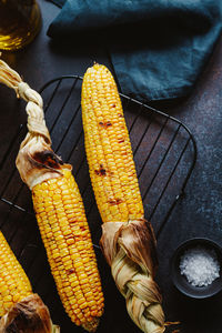 High angle view of corn on table