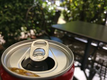 High angle view of can on table