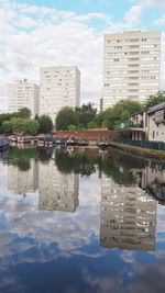 Reflection of buildings in lake against sky