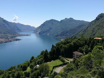 Scenic view of river and mountains against clear sky