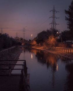 Reflection of electricity pylon in lake against sky during sunset