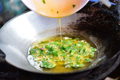 High angle view of food cooking in pan