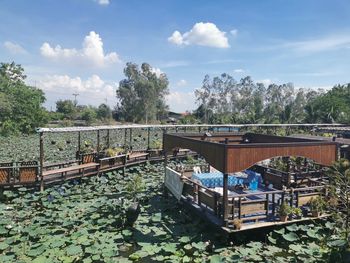 Railing by trees against sky