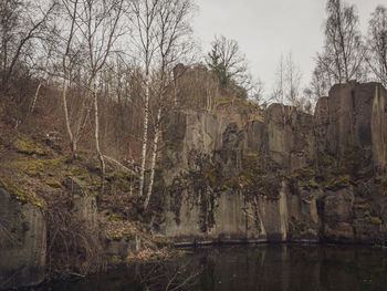 View of bare trees by rocks against sky