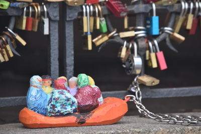 Close-up of padlocks hanging on metal