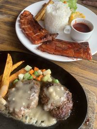 High angle view of food in plate on table