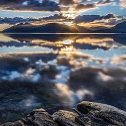 Scenic view of lake against sky during sunset