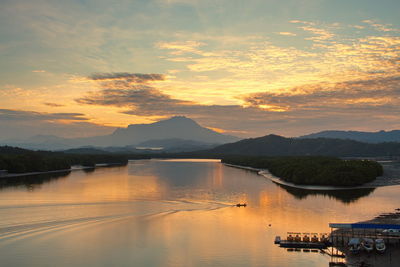 Scenic view of lake against sky during sunset