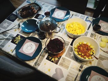 High angle view of meal served on table