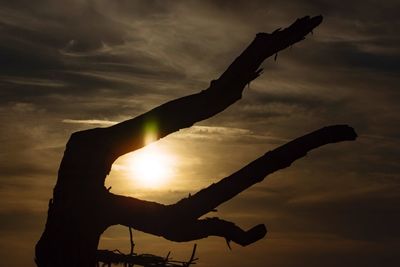 Silhouette person hand against sky during sunset