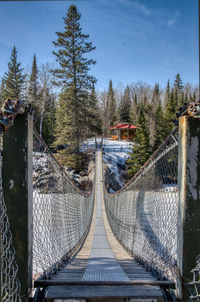 Panoramic view of footbridge in forest against sky