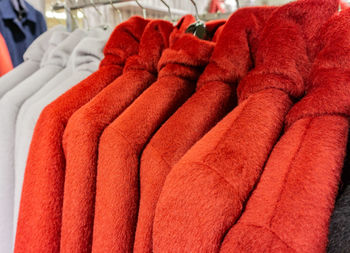 Close-up of warm clothing in store