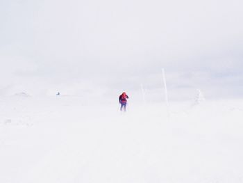 Rear view of person hiking on snowcapped mountain against sky