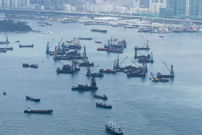 High angle view of moored boats in river