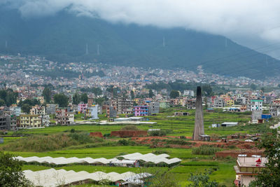 High angle shot of townscape against sky