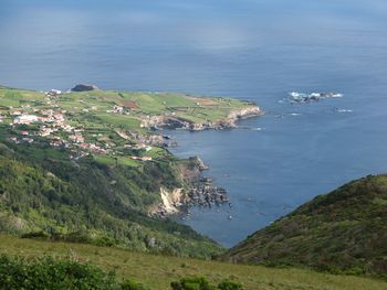 High angle view of sea and mountains