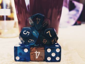 Close-up of dices on table