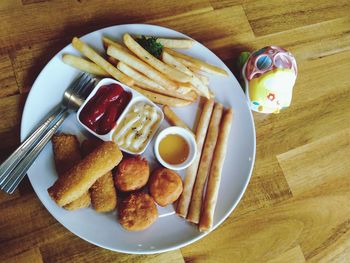 High angle view of breakfast on table