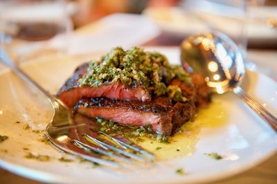 Close-up of meat in plate on table