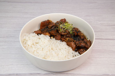 High angle view of food in bowl on table