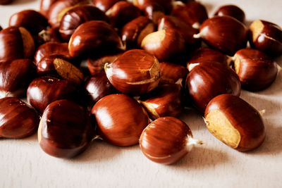 High angle view of chestnuts on table