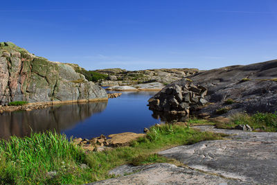 Scenic view of landscape and mountains against clear blue sky