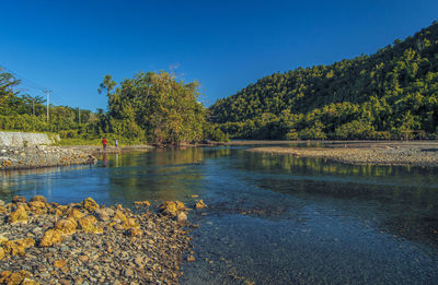 Scenic view of lake against blue sky