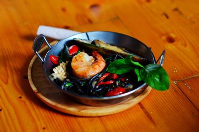 High angle view of food in bowl on table