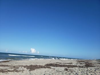 Scenic view of beach against clear blue sky