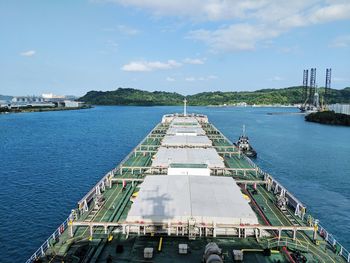 High angle view of ship in sea against sky