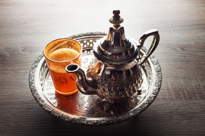 High angle view of coffee cup on table