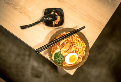 High angle view of breakfast on table