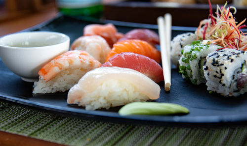 Close-up of sushi served on table