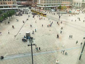 High angle view of people in city