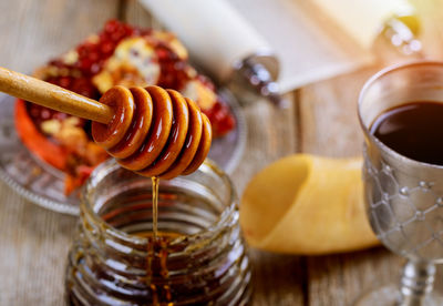 High angle view of drink in glass on table