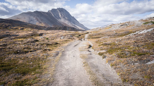 Hiking trail leading through the alpine valley with mountains around, jasper n.park, canada